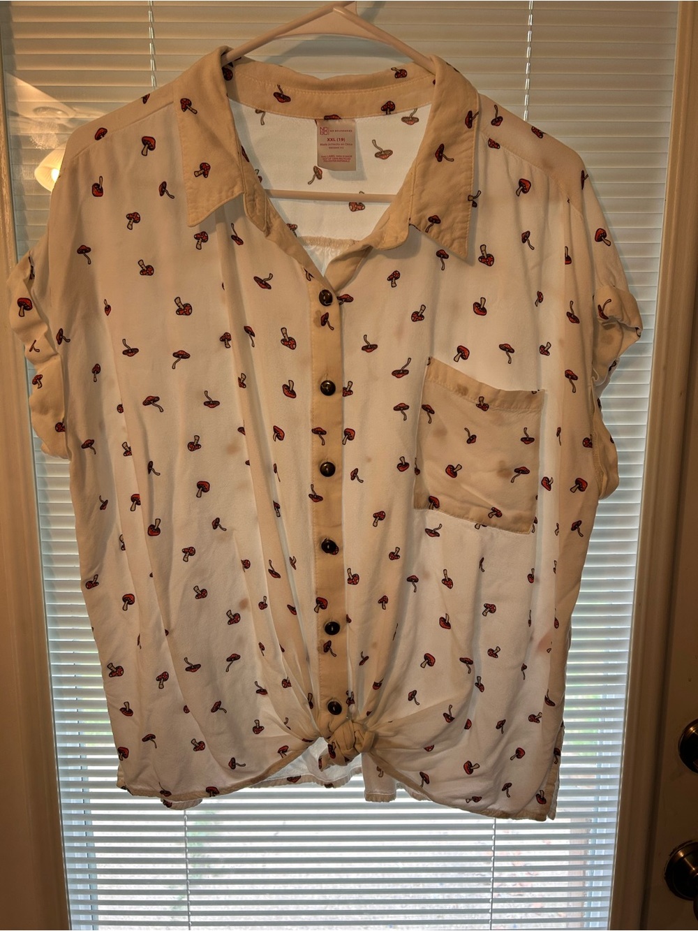 No Boundaries Cream Button-Front Shirt with Red Mushroom Print